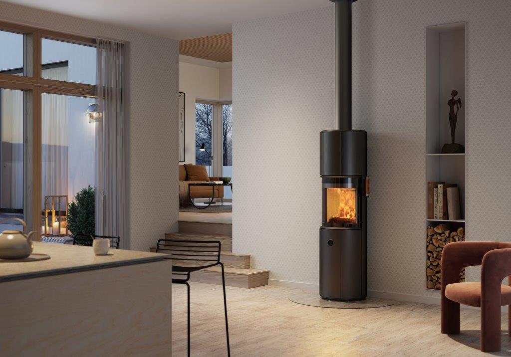 Installed stove, styled room